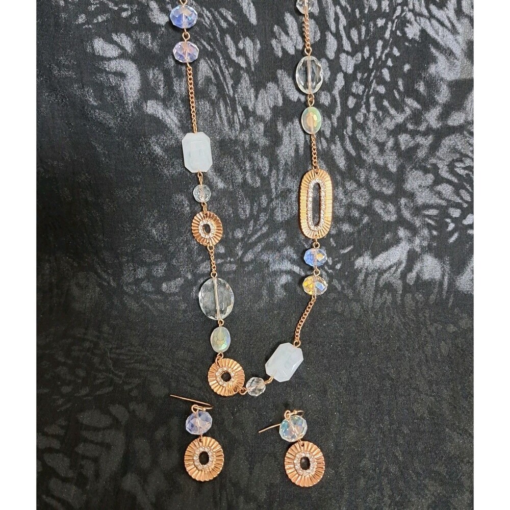 Susan Graver Necklace & Earrings Set Rose Gold Iridescent Beads & Crystals